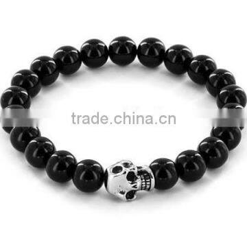 2015 Hot Popular Black Beads Handmade Bead Bracelet With Skull For Man