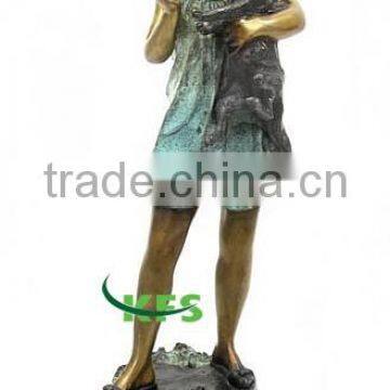 Bronze little girl playing with cat square statue