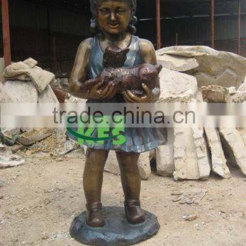 Bronze little girl with pet cat sculpture