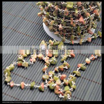 LFD-0010C ~ Wholesale Fashion Silver Plated Natural unakite chip beads rosary chains gem stone wire wrapped beaded chain