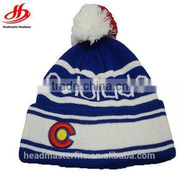 Custom jacquard knitted pom pom ball and embroidery beanie