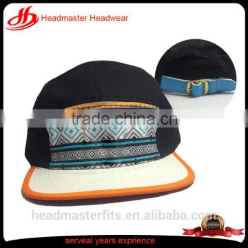 wholesale 5 panels cotton pu brim snapback cap with strapback hat