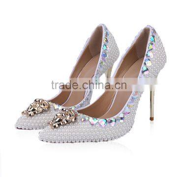 Love Heart Diamond Wedding Heels, High-end Leather White Wedding Shoe for Bridal Handmade with Peal Mask Face