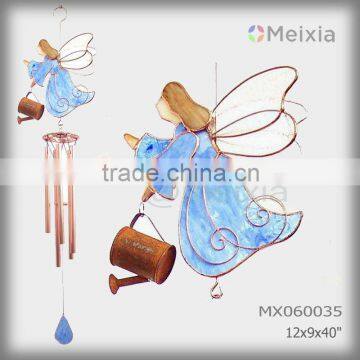 MX060035 wholesale wind chime with tiffany style stained glass angel craft decoration top and metal wind chime pipe