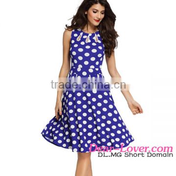 Classic Wholesale Blue Polka Dot Bohemain Print Latest Office Dress With Keyholes