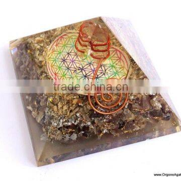 Big Orgone Energy Blue Aventurine Pyramid With Flower Of Life Symbol And Crystal Point | Flower Of Life Pyramid photo-2