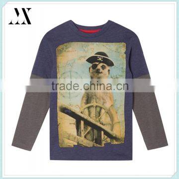 Boy's navy pirate meerkat printed top kids long sleeve two layer sleeve design t-shirt