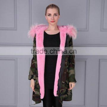 Latest Baby Pink Real Raccoon Fur Hood Faux Fur Lining Parka Wholesale