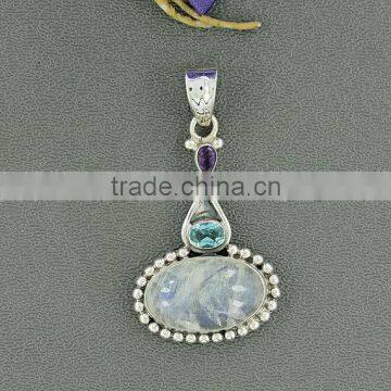 falak gems Rainbow Moonstone, Blue Topaz, Amethyst Gemstone Pendant, Silver Pendant