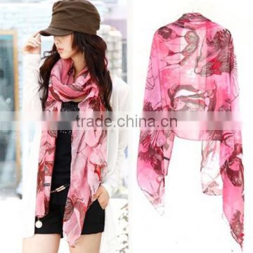 Pink Begonia Flower Ink Style Long Cotton Neck Scarf Shawl