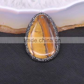 Natural Tiger Eye Gemstone Druzy Pendants, Crystal rhinestone paved Slab Stone Pendant