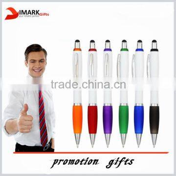 promotional logo pens with stylus touch/hot selling colored rubber grip plastic pen