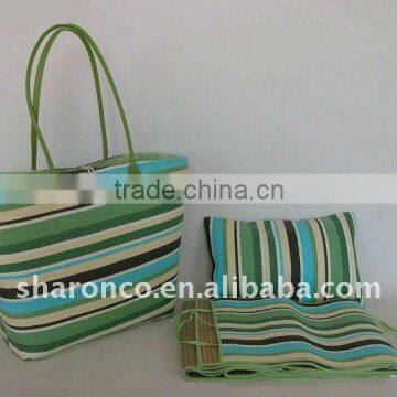 Candy strip paper straw fabric beach bag with handle