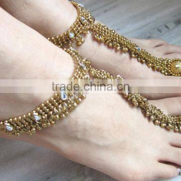 GOLD Tone Payal ANKLETS Toe Ring BAREFOOT SANDAL Pair photo-3