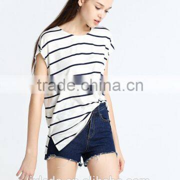 European American Style Leisure Loose Knitting Minimalism Round Collar Short Sleeve Stripe T-shirt photo-4