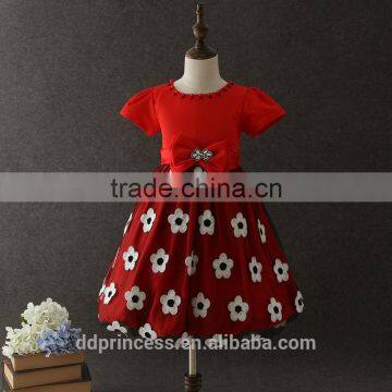 2017 embroidered dress balck mesh with flowers baby girl dress in red color