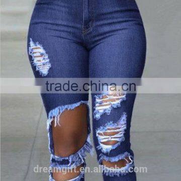 2016 Women Pants Ladies Casual Blue With Waist-length Ripped Distressed Female Jeans