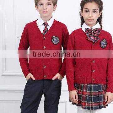 2016 fashion design V neck plain knitting kids shool sweater cardigan