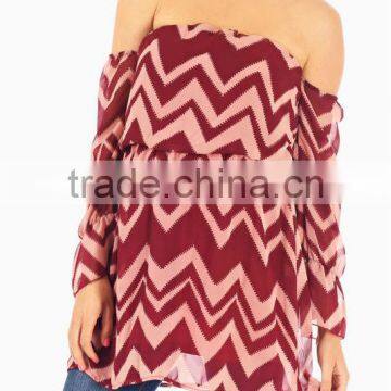 BURGUNDY PINK CHEVRON PRINTED CHIFFON OFF SHOULDER MATERNITY BLOUSE