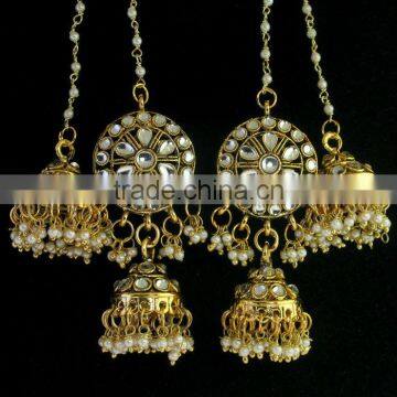 Gp Pearl Kundan Kashmiri Jhumki Long Earrings+Ear Chain-Large