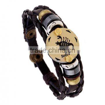 Retro 12 Zodiac Womens Mens Genuine Real Braid Faux Leather Bracelet Bangle Cuff Wristband Handmade Jewlery photo-4