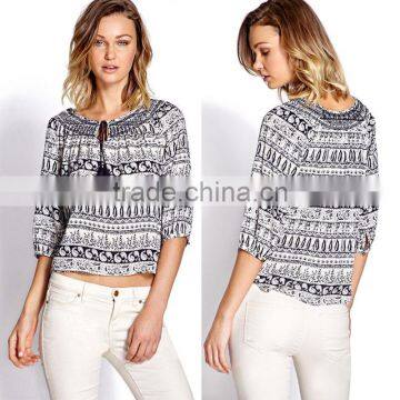 hot selling smocked round neck tribe printed tops and blouses 2015