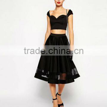 hot selling plain black midi skirt in scuba with sheer panel and high rise waist skirt latest skirt design pictures