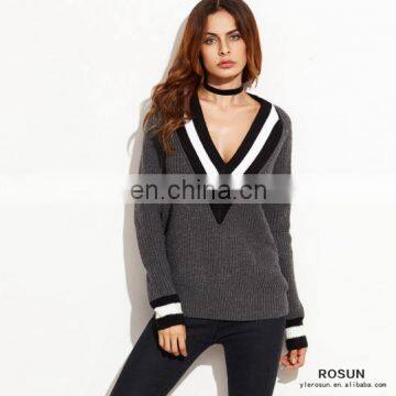 Grey Striped Trim Deep V Neck Knitted Sweater