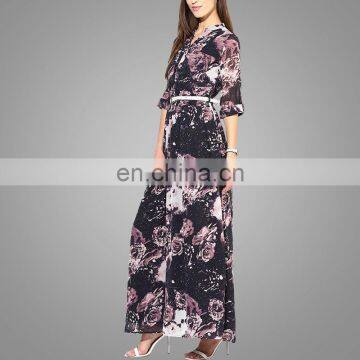 Navy Blue Coloured Printed Maxi Dress Dubai Long Dresses Fancy Maxi Dress With Long Sleeve & Belt photo-2