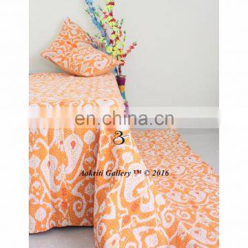 QUILT APPLIQUE SINGLE IKAT PAISLEY KANTHA BEDSPREAD QUILT THROW INDIAN ORANGE COLOR QUILT HANDMADE COTTON