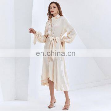 TWOTWINSTYLE Dress For Women Lace Up Lantern Sleeve High Waist With Belt Ruffle Vintage Patchwork photo-6