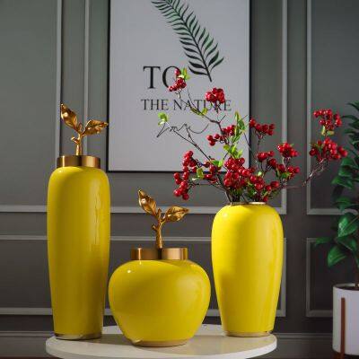 Modern Simple Fashion Art Yellow Ceramic Dry Flower Vase For Home Decor