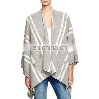 Lady Stripe Oversize Droped Open Front Cashmere Cardigan Poncho