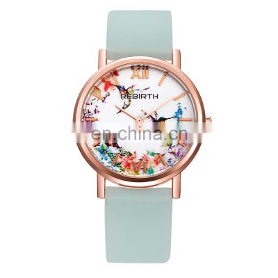 REBIRTH RE062 Pretty Lady Draw Dial Women Watch Flower Bird Rose Gold Wristwatch For Female Leather Strap Analog Lady Watches