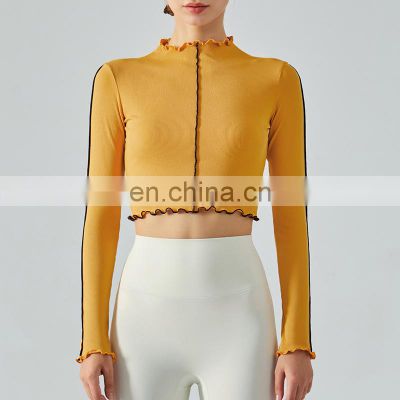 High Neck Long Sleeve T-Shirt Women Casual Sportswear Yoga Crop Top Polyester Ribbed Ladies Gym Apparel Outdoor Active Clothes