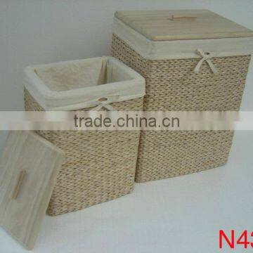 yellow SET OF 2 RUSH &WOOD HAMPER,hamper,wood hamper,rush hamper