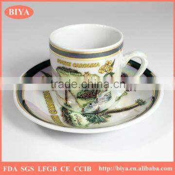 Advertising porcelain coffee cup and saucer coated colorful pearl glazed souvenir cup and decorative used,accept custom logo