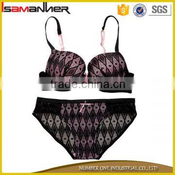 Transparent sexy ladies lace overlay push up padded hot sexy latest bra & panty