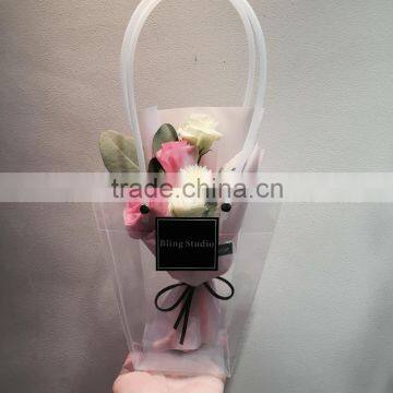 pp material clear flower pot bag handle plastic bag flower vase plastic foldable flower vase