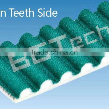 Timing belts with fabric on teeth side