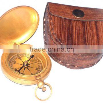 Antique Brass Maritime Gift - Push Button Nautical Compass With Leather Case 13500