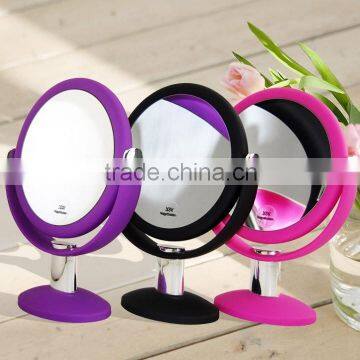 Rubberized 10x magnifying free standing tabletop cosmetic mirror