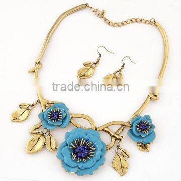 ODM/OEM Jewelry Factory flower and leaf necklace and earring jewelry set, Blue flower necklace