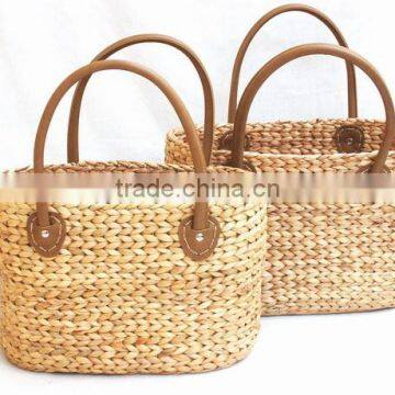 High Quality Best Selling Natural Water Hyancinth Lady Handbag With Leather Handle From Vietnam