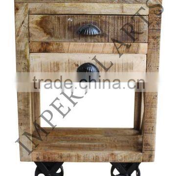 INDIAN MANGO WOOD 2 DRAWER SIDE TABLE WITH IRON WHEEL