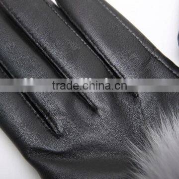 Delicate Sheep Fur Leather Gloves With Blue Fox Fur Pompom Flannelette Inside