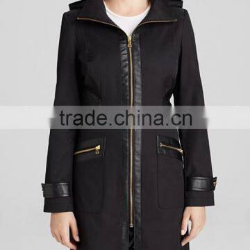 lady spring detachable hood trench coat with faux leather triming