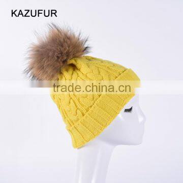 Bright yellow knitting beanie hats with big fur pompoms for winter warm KZ160075
