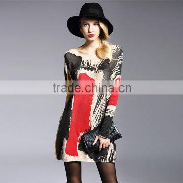 Female Autumn Winter Sweater Dress Midi Length 2016 Woman Warm Knitting Pullover Wash Painting Pattern