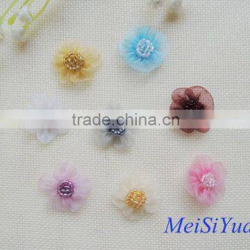 Handmade organza ribbon flower with rice pearl for wedding decoration